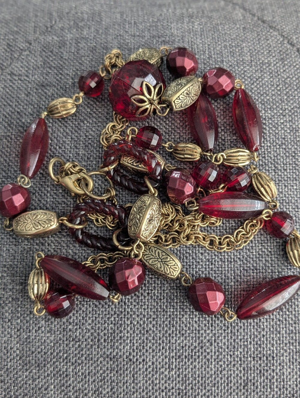 Vintage Style Cranberry Acrylic Beaded Necklace – 36” Long
